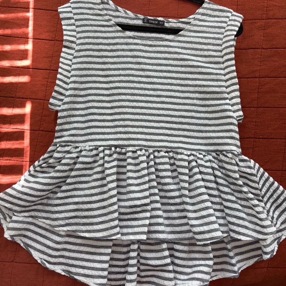 SHEIN Gray and White Ruffle Blouse